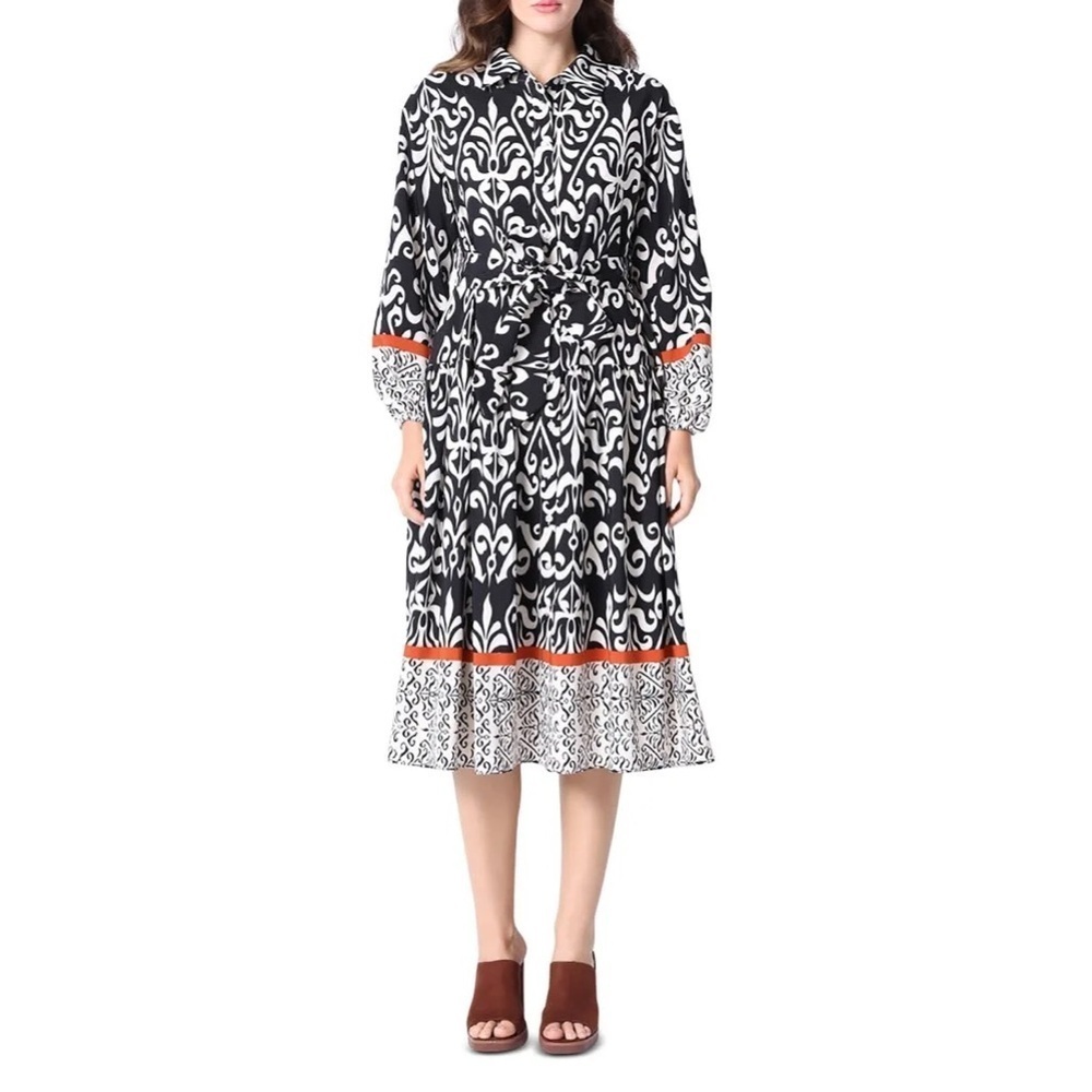 GRACIA Tiered Belted Paisley Print Bishop Sleeve Midi Dress Size Medium NWT - Picture 2 of 8